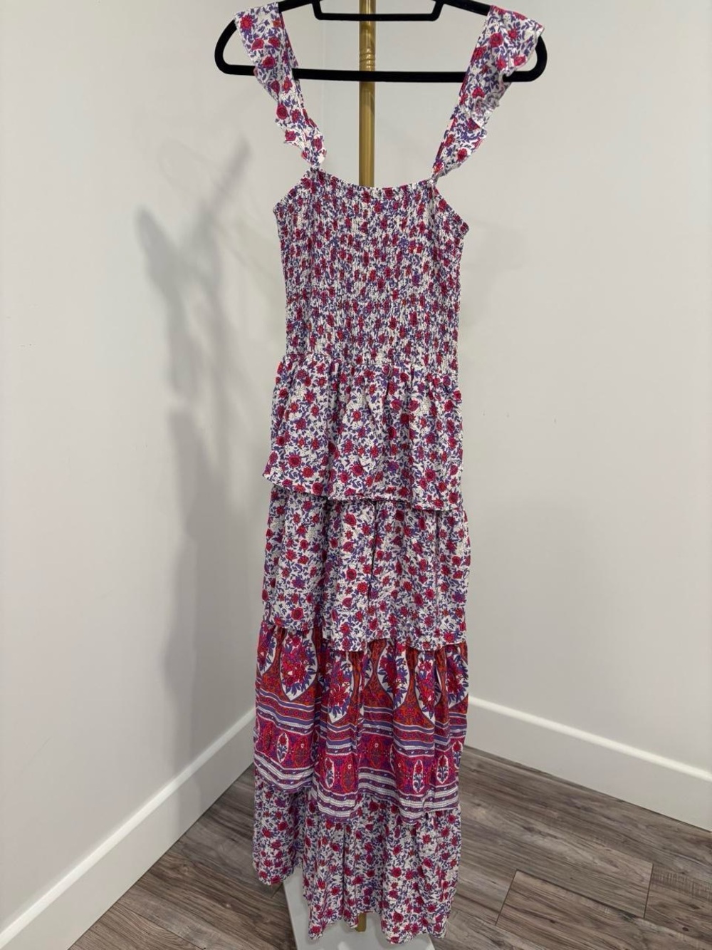 Smocked Floral Maxi Dress in Red and Pink - Picture 2 of 3